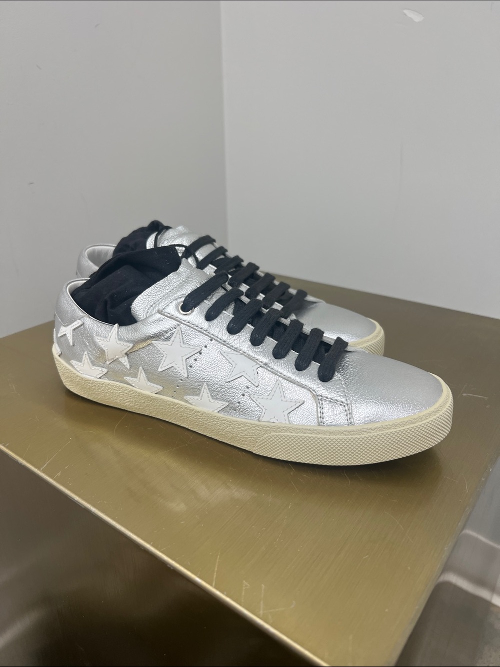 Yves Saint Laurent Silver Star-Embellished Sneakers with Black Laces